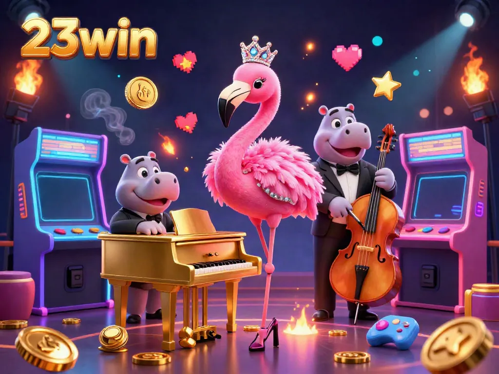 Experience the lively world of 23win with a vibrant casino scene illustrated in 3D, showcasing engaging characters and game elements.