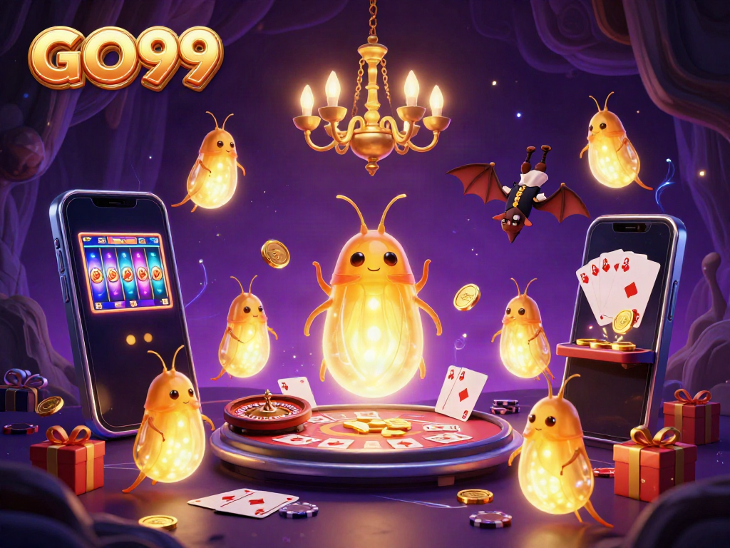 Experience the excitement of GO99 in a vibrant underground casino with glowing characters and games.