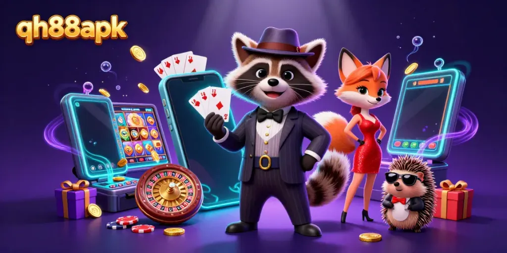 Experience the excitement of qh88apk with vibrant characters and dynamic gaming elements in a dazzling casino scene.