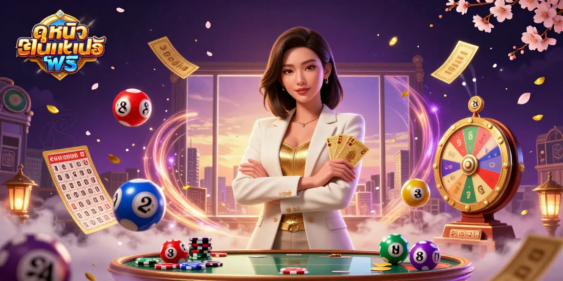 Experience ดูหนังออนไลน์ฟรี with breathtaking visuals of a confident woman holding cards amidst dynamic lottery elements.