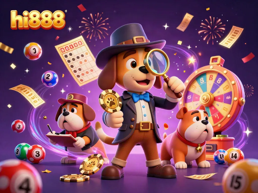 Engage in fun with hi888 illustrated by a detective dog finding clues among casino icons and celebrations.