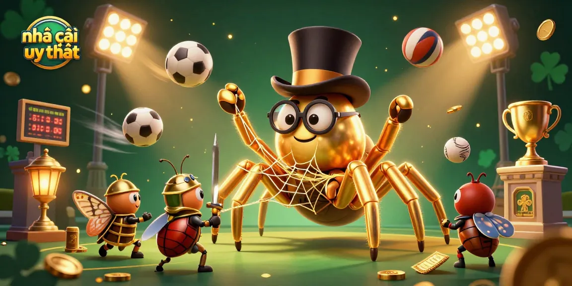 Witness the charming scene of a cartoon tarantula representing nhà cái uy tín, surrounded by sports elements and shimmering gold.