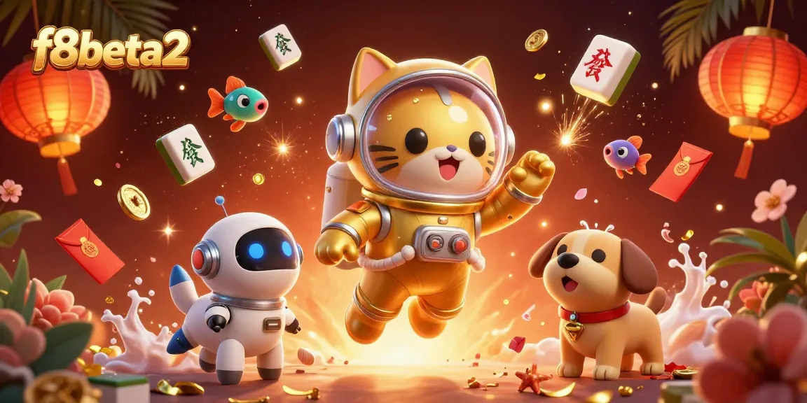 Engage in the thrilling world of f8beta2 with a dynamic scene of an astronaut cat amidst vibrant casino elements.