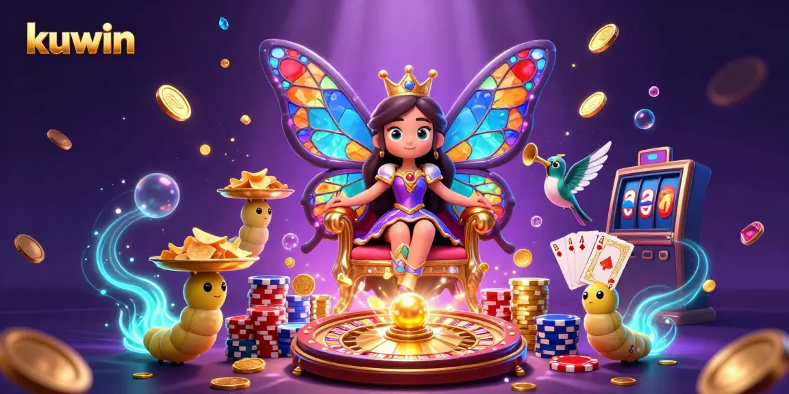 Kuwin casino scene with a butterfly queen and treasure-filled games, showcasing vibrant colors and dynamic action.