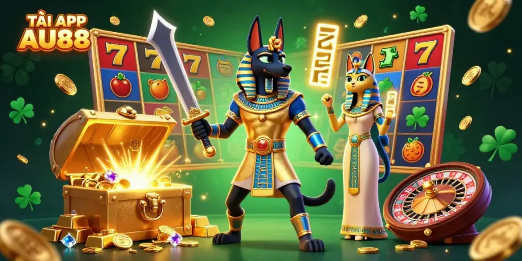 TẢI APP AU88 and win big with a vibrant casino scene featuring Anubis and Bastet amid treasures.