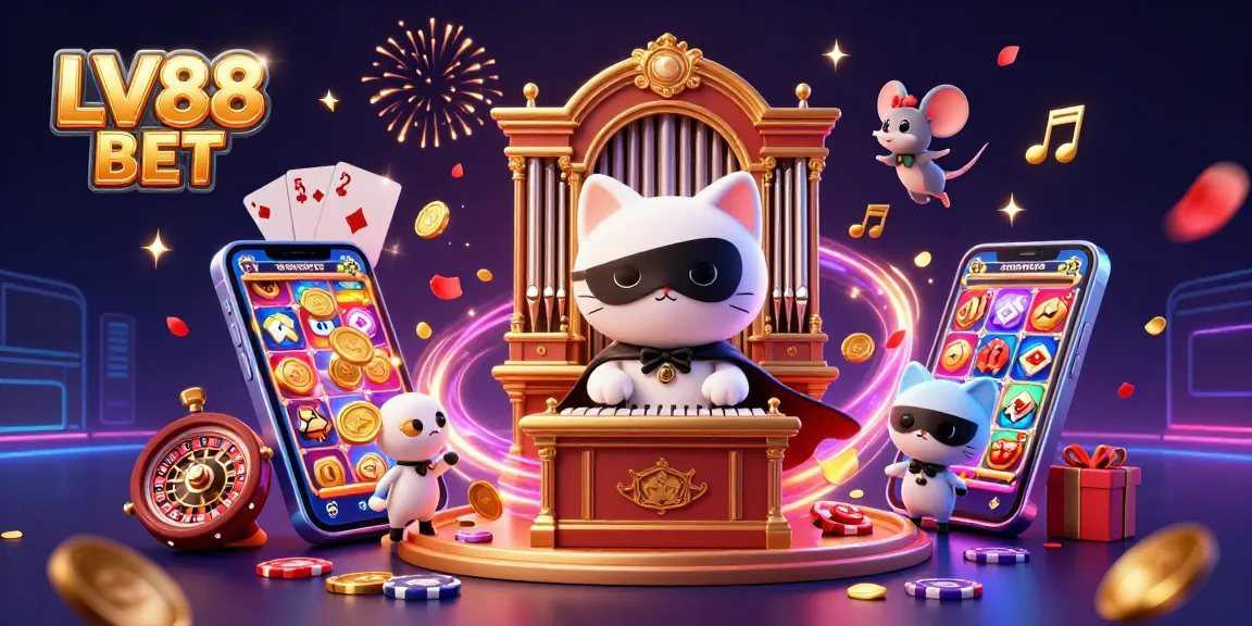Experience the excitement of LV88 BET with this vibrant casino scene featuring gaming elements and playful characters.
