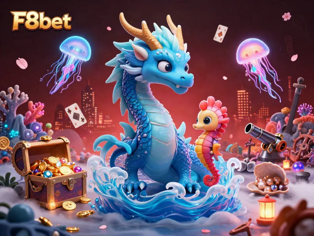 Experience the underwater adventure with F8bet's vibrant 3D dragon and knight battling for treasure.