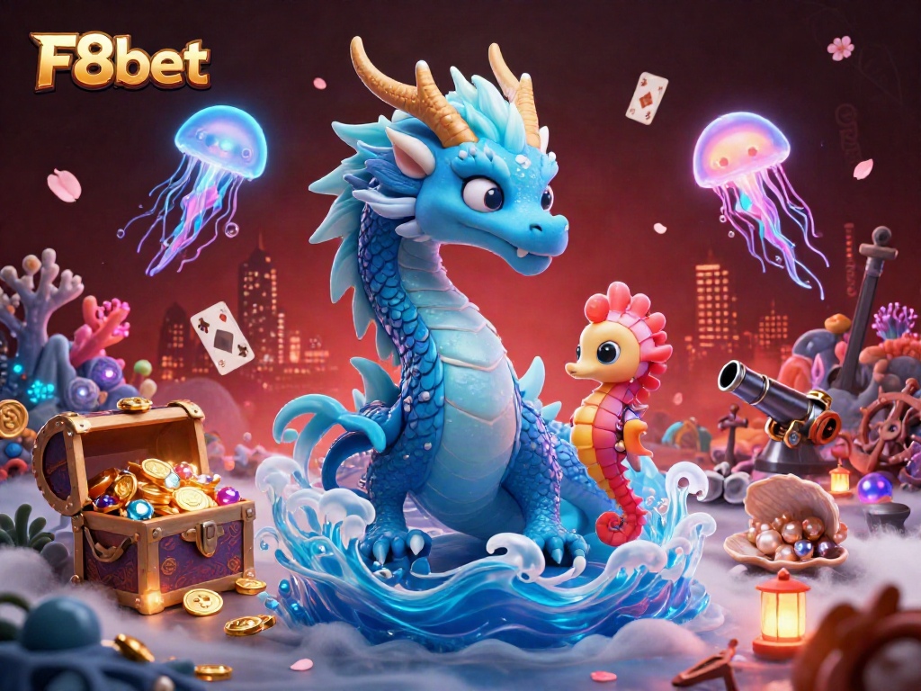 Experience the underwater adventure with F8bet's vibrant 3D dragon and knight battling for treasure.