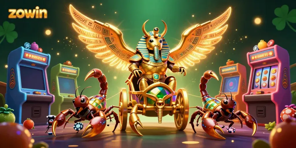 Zowin features a vibrant 3D casino scene with a golden scarab and scorpions, showcasing dynamic slot elements.