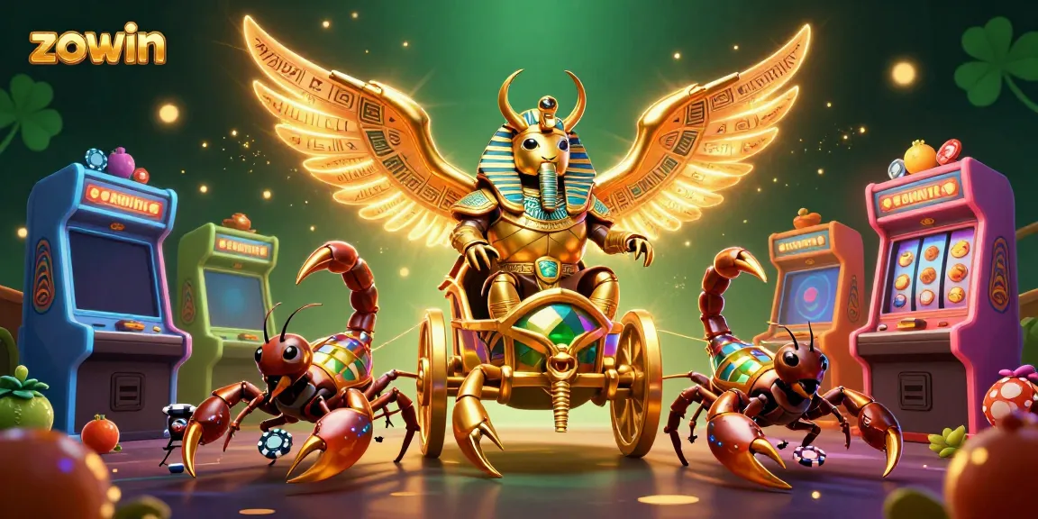 Zowin features a vibrant 3D casino scene with a golden scarab and scorpions, showcasing dynamic slot elements.