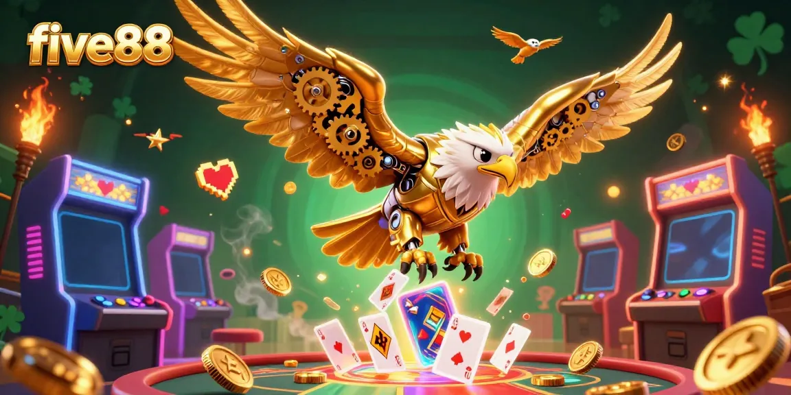 Experience the excitement of five88 gaming with a golden eagle soaring through holographic cards amid vibrant casino elements.