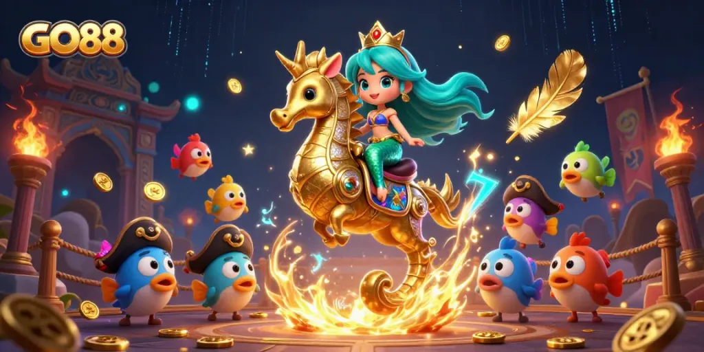 Engage in thrilling GO88 casino games with vibrant mermaid princess and colorful characters.
