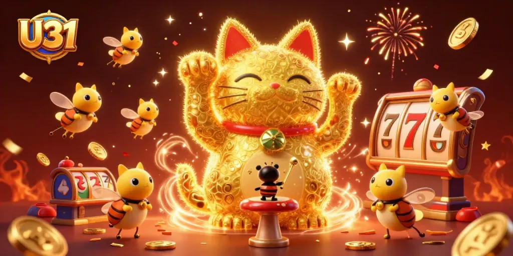 Engage with U31's vibrant gaming experience featuring a lucky cat and dynamic casino symbols.