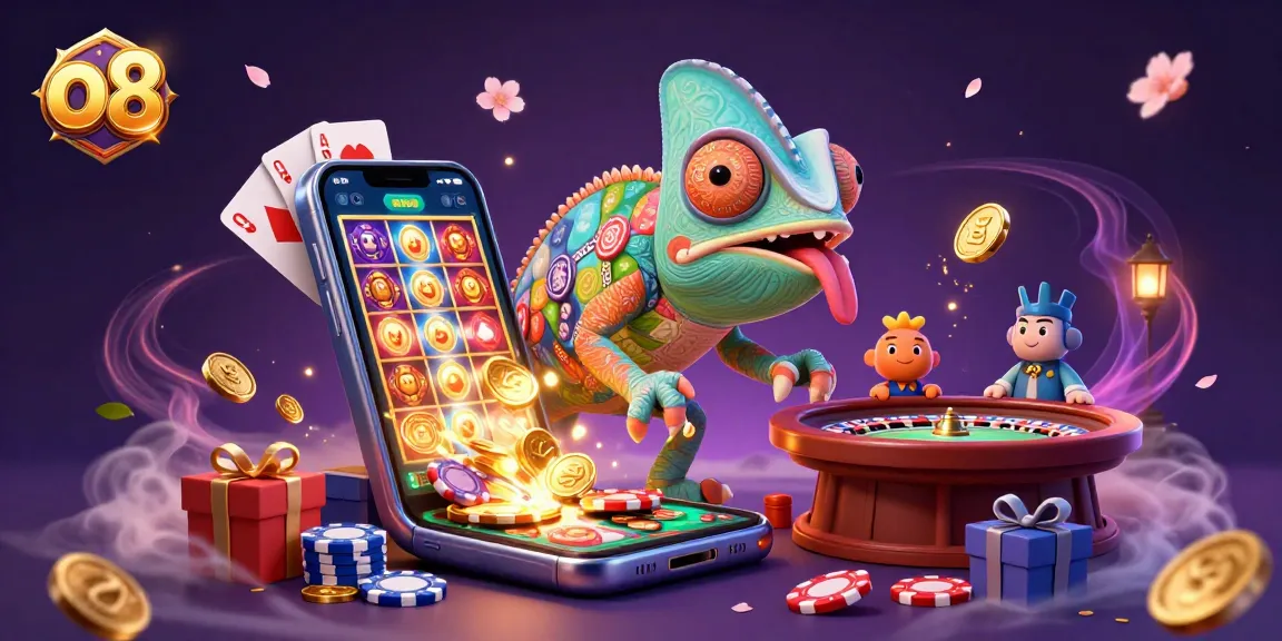 Experience the vibrant world of gambling with o8, featuring a dynamic chameleon casino owner and exciting game elements.