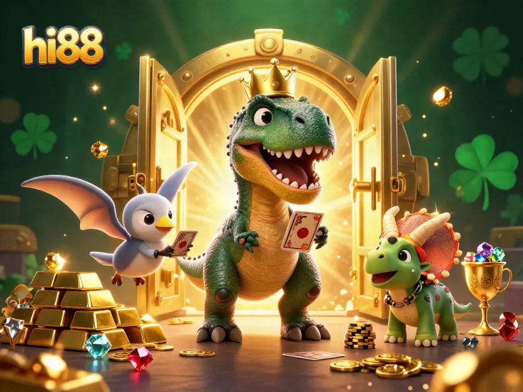 Experience thrilling casino action with hi88 featuring colorful cartoon dinosaurs amid sparkling treasures.