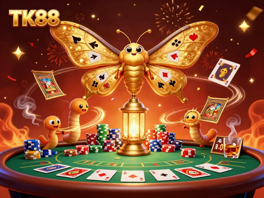 Witness TK88's thrilling casino elements in a vibrant 3D scene filled with games and excitement.