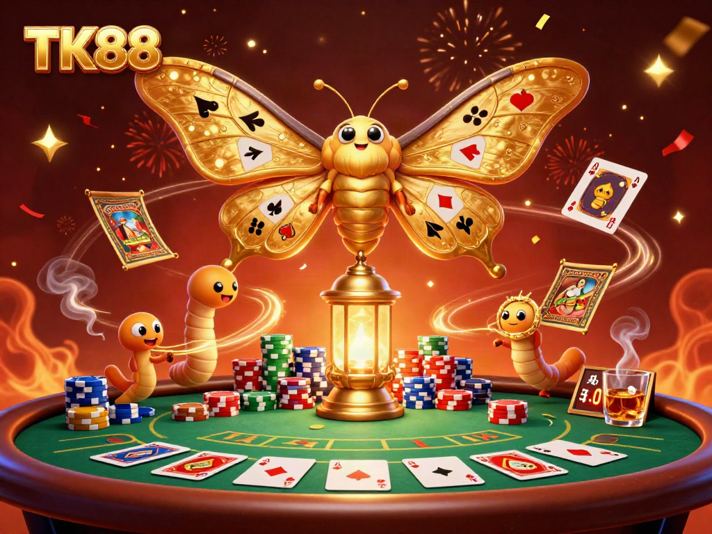 Witness TK88's thrilling casino elements in a vibrant 3D scene filled with games and excitement.