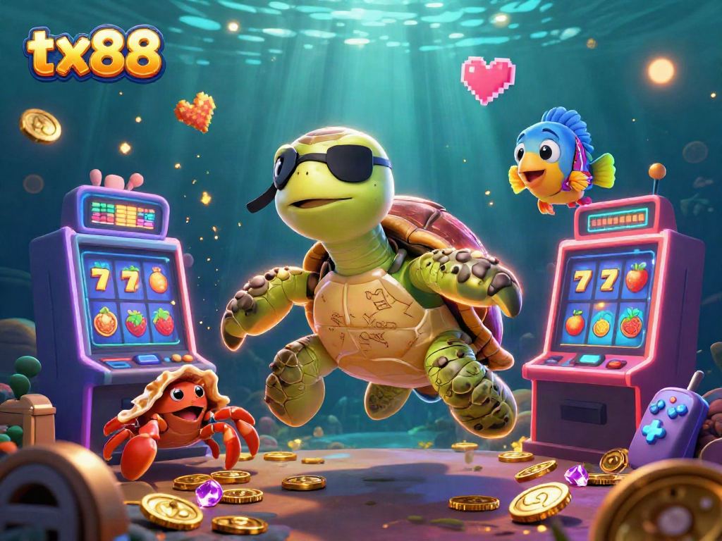 Experience the excitement of tx88 with vibrant slot machines and characters in a dynamic underwater scene.