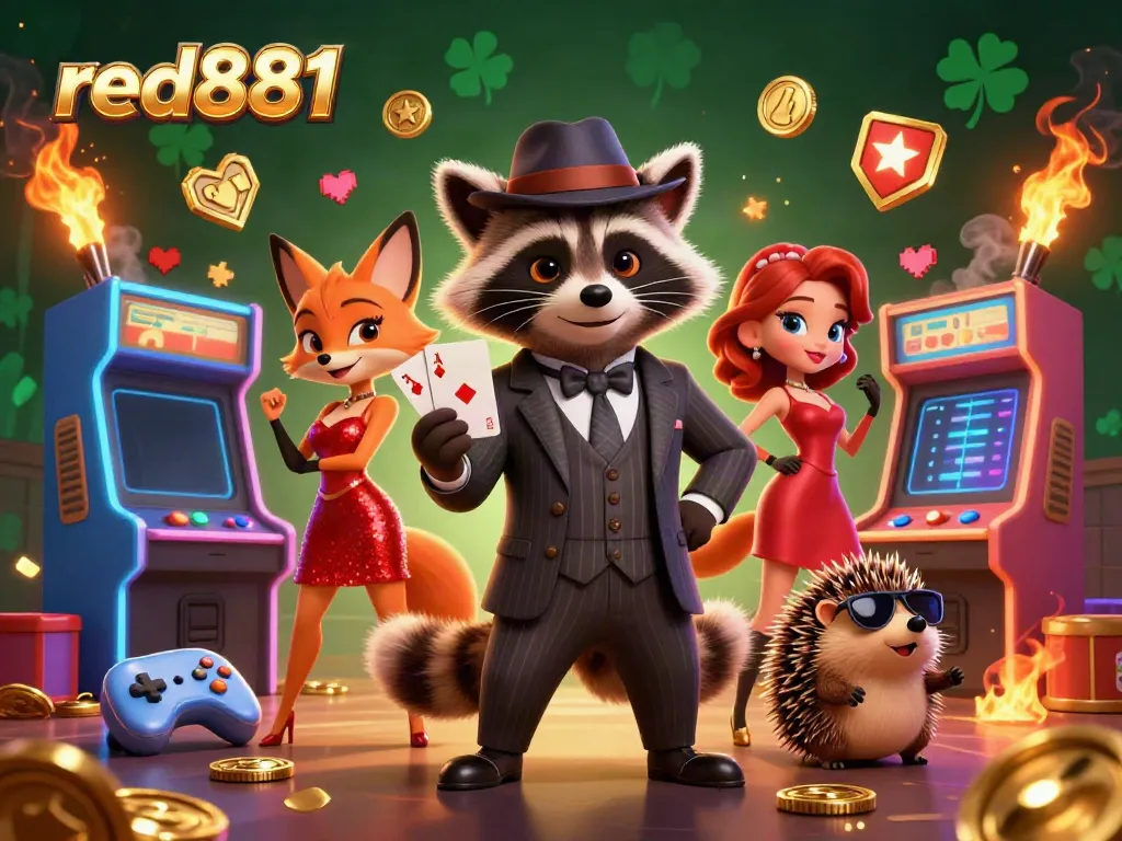 Engage with red881's thrilling casino atmosphere featuring cartoon characters and vibrant gaming elements.
