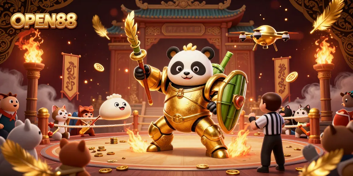 Experience the exciting action of OPEN88 with a dynamic scene featuring a golden panda and casino elements.