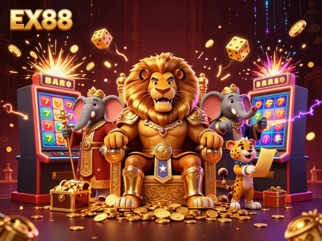 Experience thrilling EX88 wins with fierce lion king, elephant advisor, and cheetah messenger in dynamic casino scene.