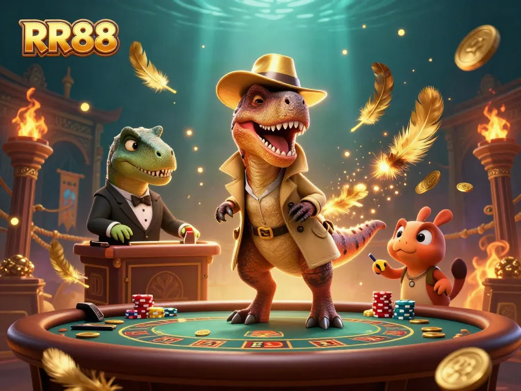 RR88 casino scene with a velociraptor card counter and playful interactions at a dynamic blackjack table.