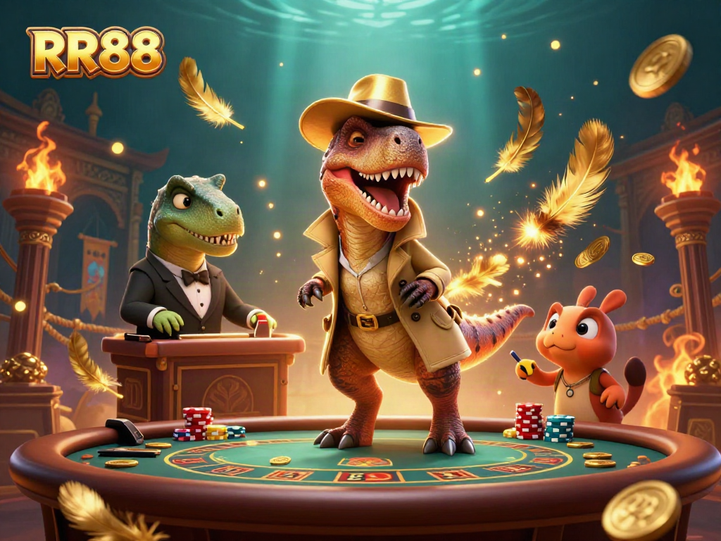 RR88 casino scene with a velociraptor card counter and playful interactions at a dynamic blackjack table.