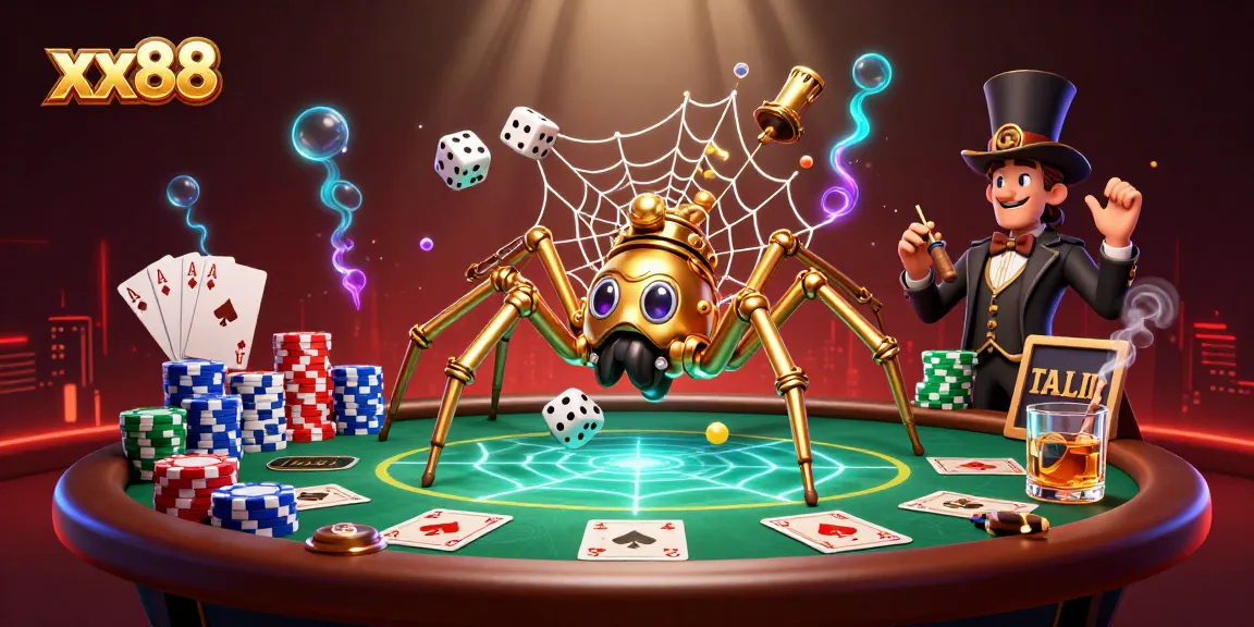 Engage in thrilling gaming at xx88 with a steampunk spider and poker extravaganza.