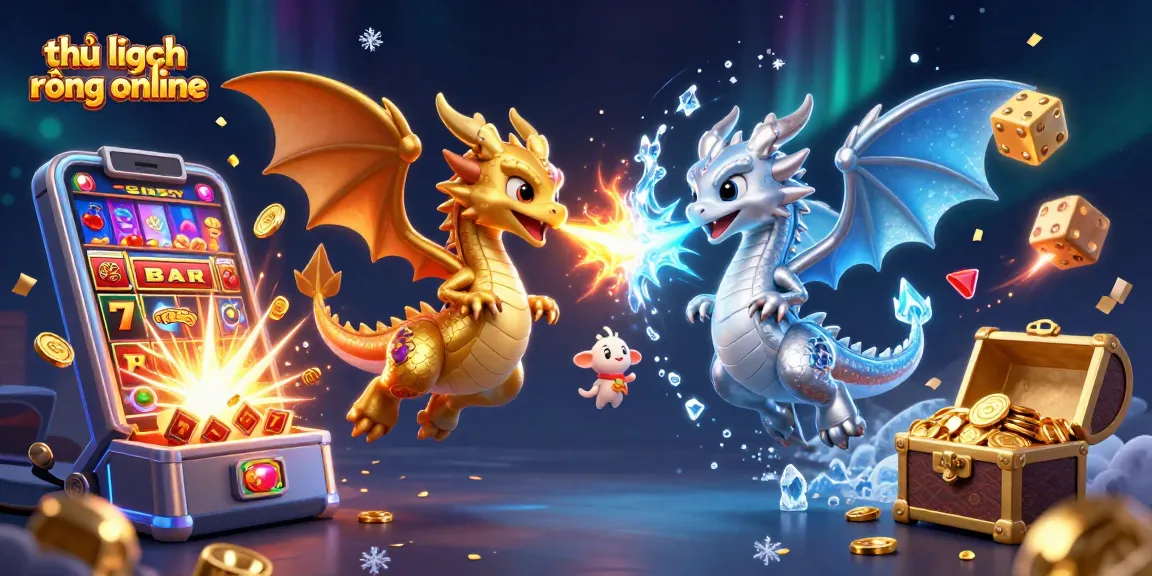 Capture the excitement of thủ lĩnh rồng online with golden and silver dragons unleashing fire and ice amidst a casino chaos.