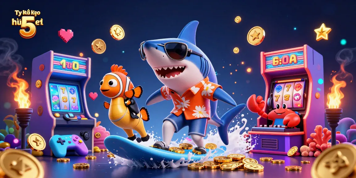Tỷ lệ kèo nhà cái 5 shines as a playful shark surfs coins amidst vibrant casino elements.