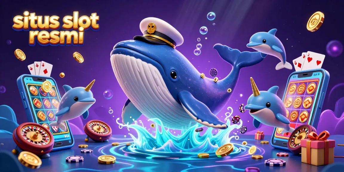 Experience the excitement of situs slot resmi with a whale and dolphins playing in a sea of coins and colorful slot games.