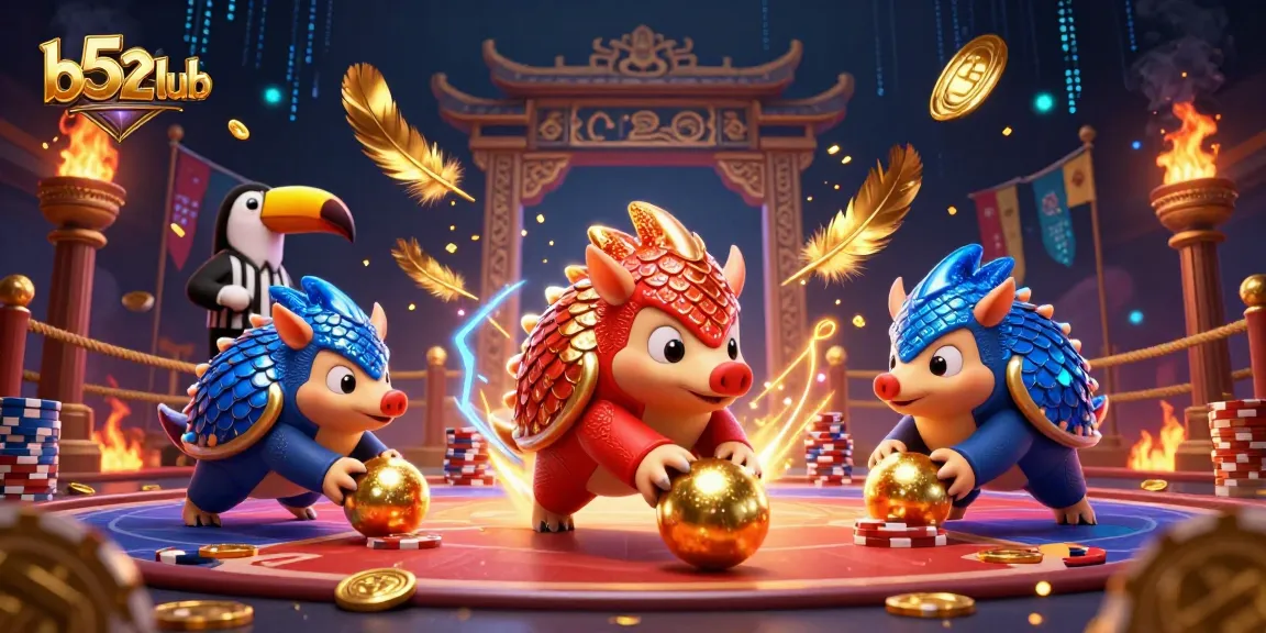 Engage with b52club as colorful pangolins bowl through poker chips in a vibrant casino scene.