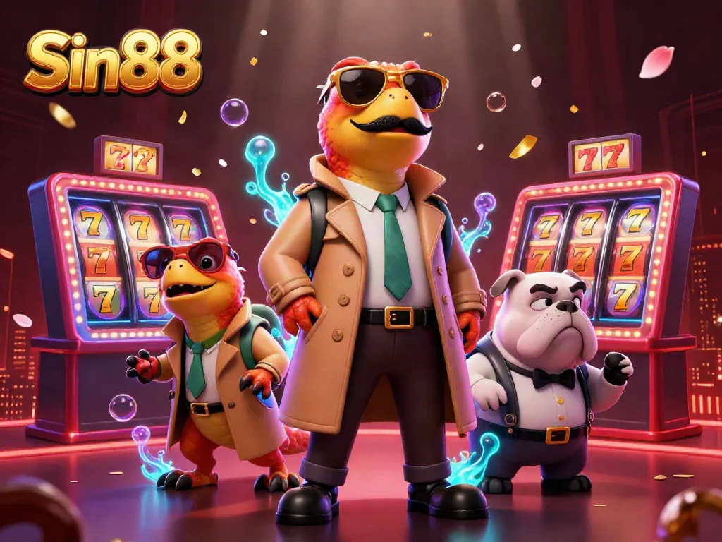 Experience Sin88's dynamic casino scene with raptors and bright, spinning slot reels.