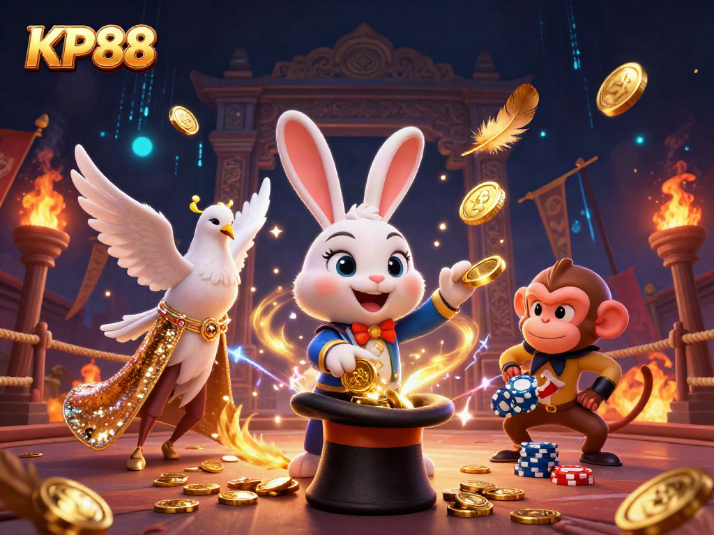Experience thrilling gameplay at KP88 with a magician rabbit, dove, and monkey in a vibrant casino scene.