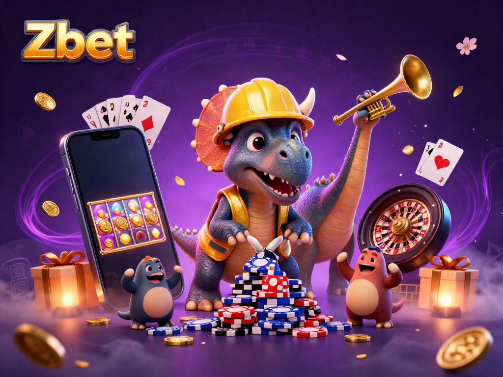 Experience Zbet excitement with a triceratops building poker chips, surrounded by gaming elements.