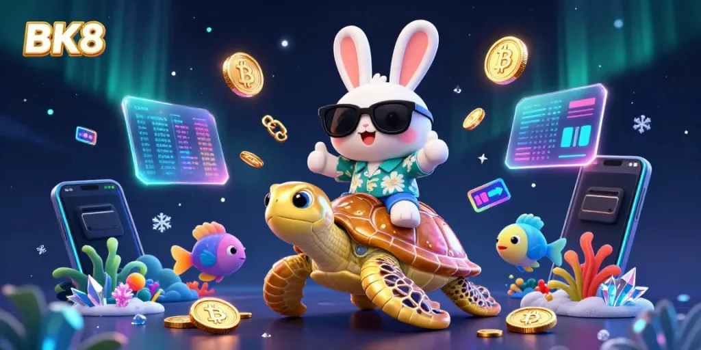 Experience the vibrant BK8 casino world with a lively 3D cartoon scene featuring a lucky rabbit and golden turtle.
