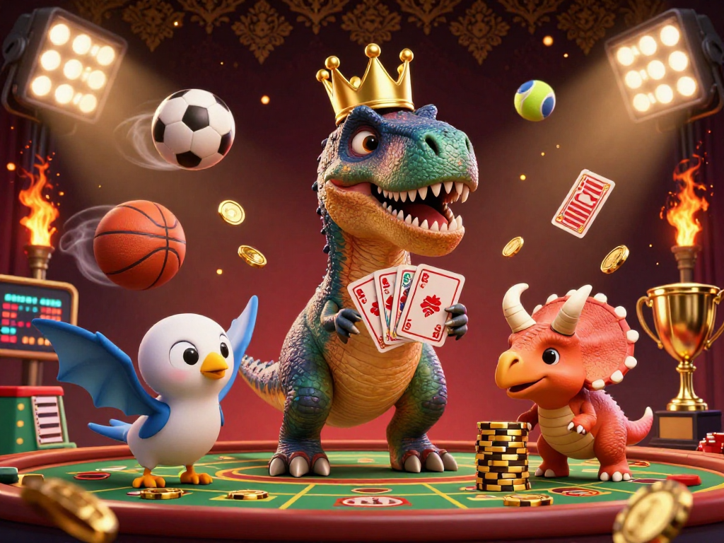 Engage with TDTC in a vibrant casino scene featuring a T-Rex playing cards and a baby triceratops stacking chips.