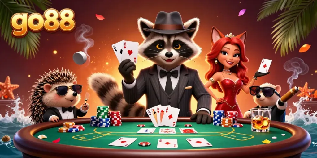 Experience thrilling poker action at go88 with raccoon and friends at a lavish poker table.