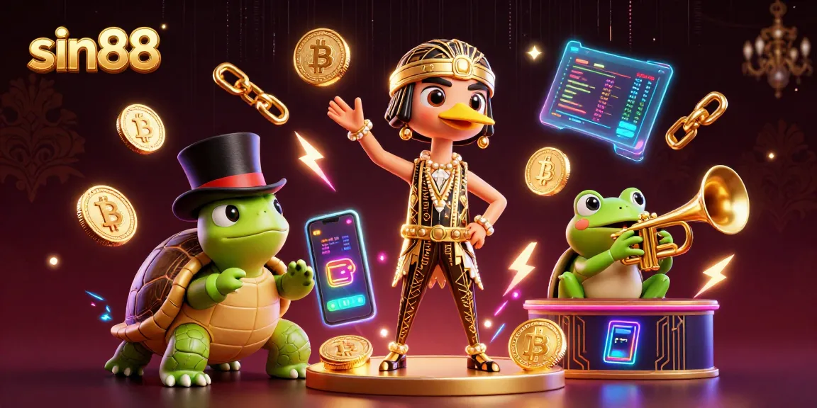 Experience the dynamic action of sin88 with vibrant 3D characters and crypto elements in a bustling casino scene.
