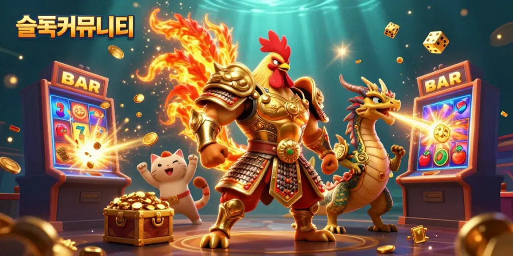 Experience dynamic excitement in the 슬롯커뮤니티 world with an energetic 3D cartoon scene featuring a warrior rooster and dragon.