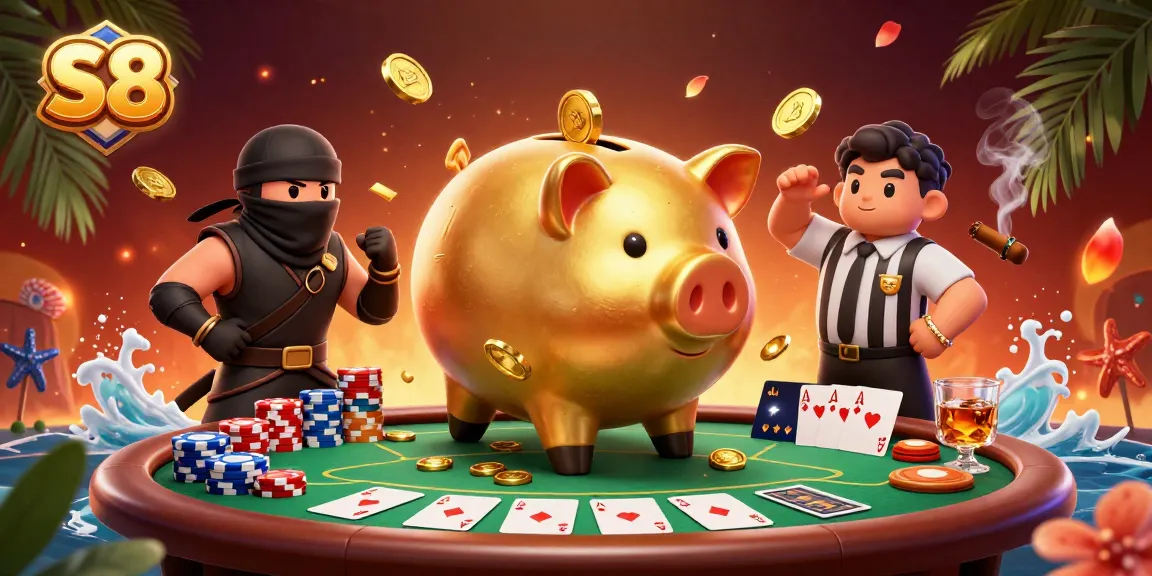 Experience the thrill of S8 with a dynamic scene featuring a sumo wrestler piggy bank, ninja, and samurai in a vibrant casino