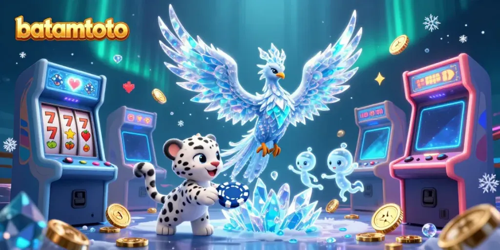 Win big at batamtoto with a vibrant casino scene including an ice phoenix, poker elements, and colorful arcade games!