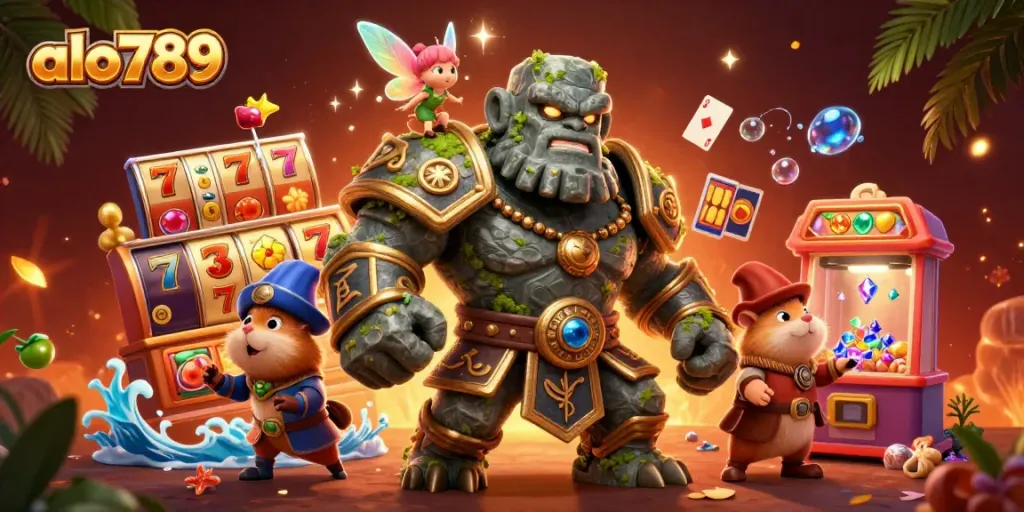 A lively scene of alo789 featuring a magical golem and companions, celebrating jackpots and gaming excitement.