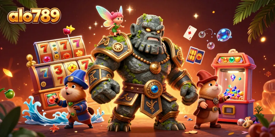 A lively scene of alo789 featuring a magical golem and companions, celebrating jackpots and gaming excitement.