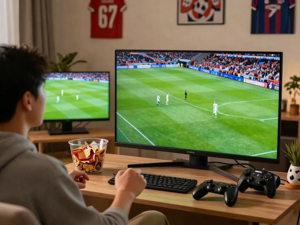 Xoilactv viewer enjoying a live football match in a cozy environment with HD screen.