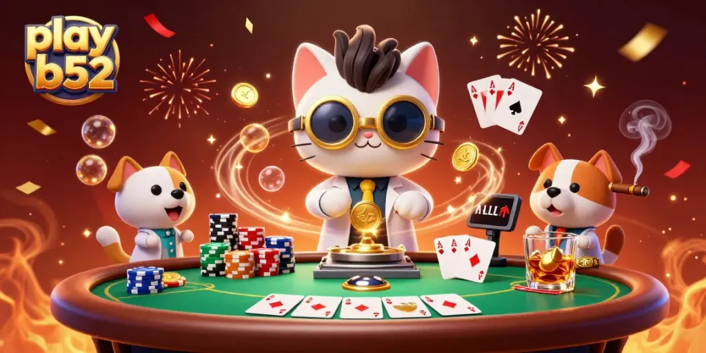 Play B52 with excitement in a vibrant casino scene featuring a mad scientist cat and dog creating gold coins.
