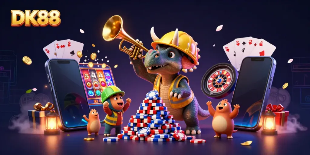 DK88 animated scene featuring a triceratops building a pyramid of poker chips amidst celebratory elements, perfect for casino promotion.