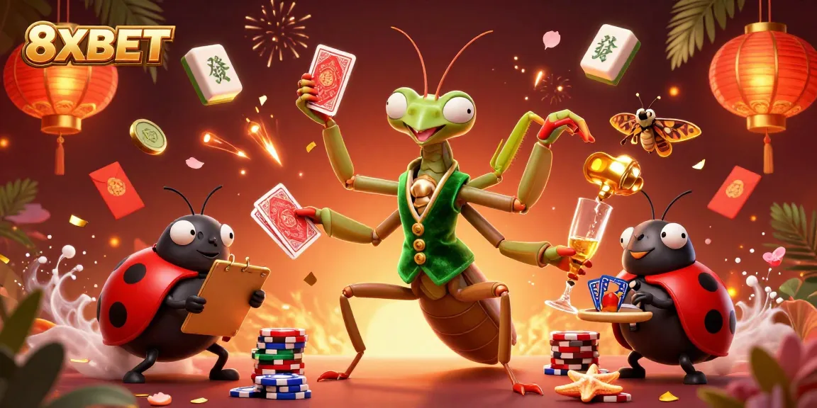 Engage with 8XBET's vibrant gaming scene featuring a mantis card sharp and ladybug boss.