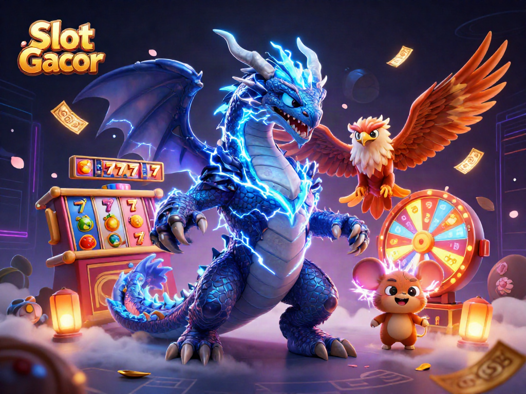 Engage with Slot Gacor's vibrant 3D illustration, showcasing energetic casino elements and characters.