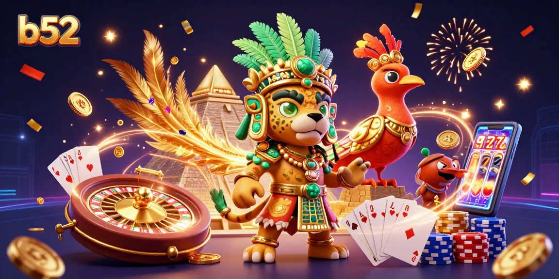 B52 players enjoy thrilling casino action amidst a vibrant scene of coins, cards, and roulette.